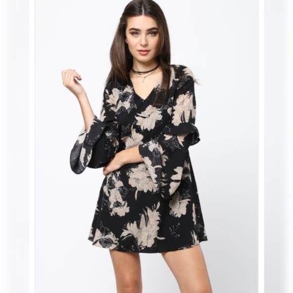 Black and taupe floral ruffle sleeve shift dress Small S Large L - Picture 2 of 5